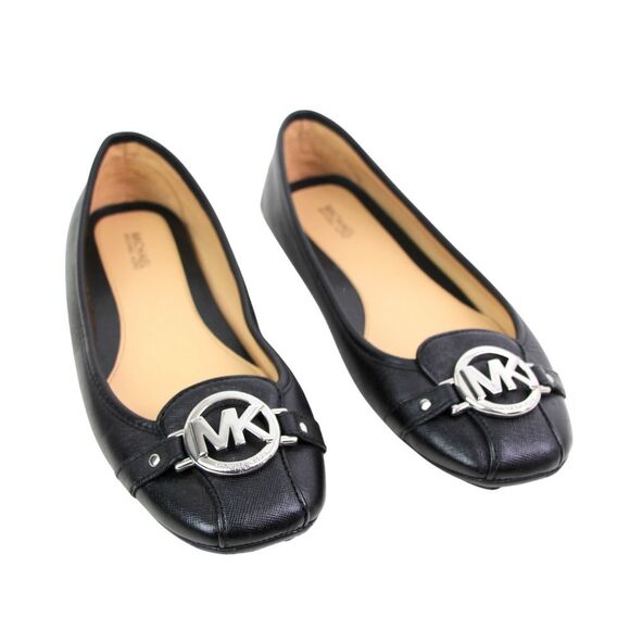 Michael Michael Kors BLACK REAL LEATHER LOGO FLAT ROUND TOE BALLET SHOES Sz 8.5M - Picture 1 of 10